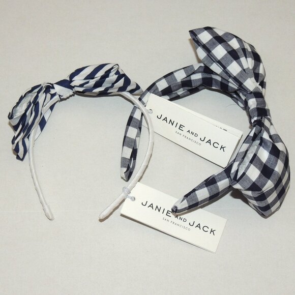 Janie and Jack Set of 2 Headbands Navy and White Gingham Bow Girls One Size NWT - Picture 1 of 5